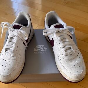 Nike Air Force 1 White and Burgundy Sneakers